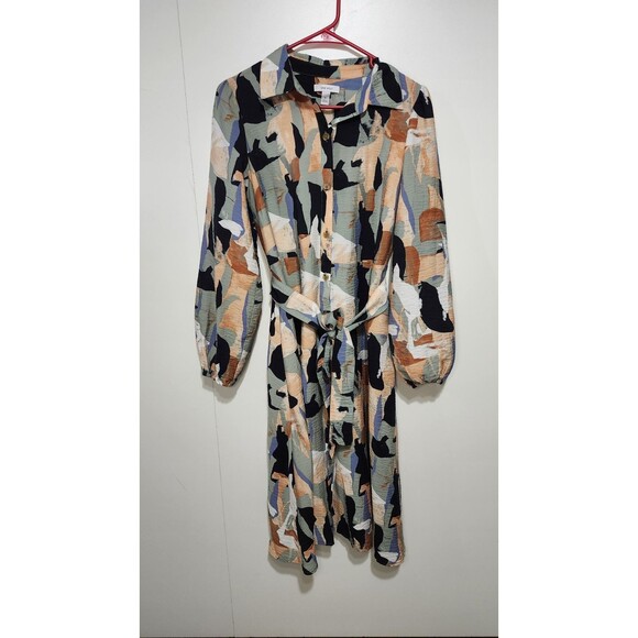 Nine West Patchwork Midi Dress Small Belted Long Sleeve Button Down Collared - Picture 6 of 13